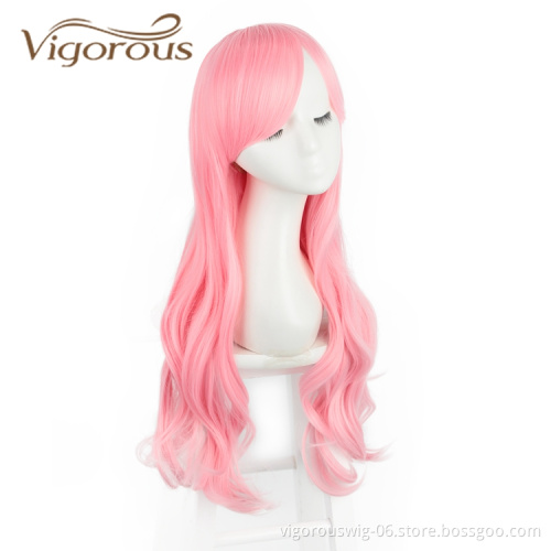 Inclined Bangs Heat Resistant Natural Wholesale Cheap Price Pink Crazy  Long Body Wave Cosplay For Party Synthetic Wigs